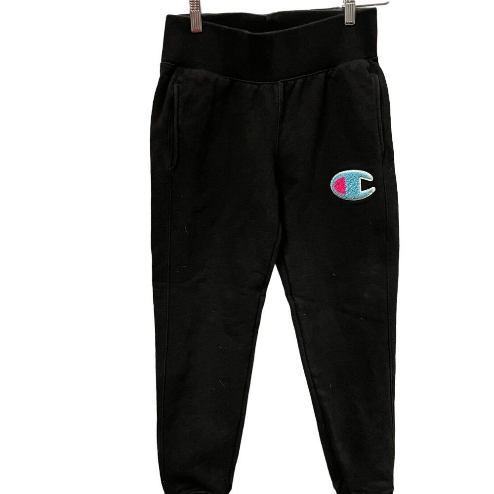 Champion‎ Reverse Weave Joggers Big C Chenille Logo Sweatpants Mens S Black